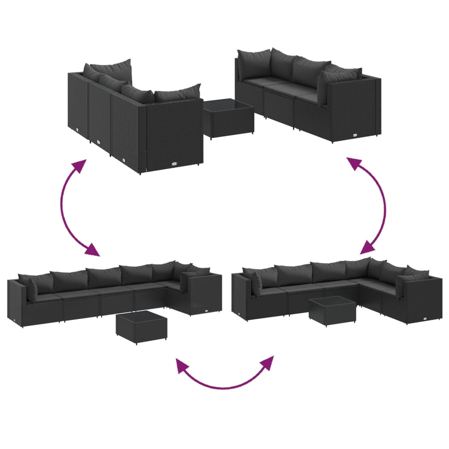 7-delige Loungeset met kussens poly rattan zwart