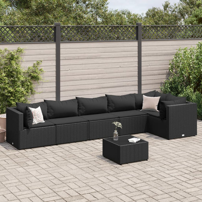 7-delige Loungeset met kussens poly rattan zwart