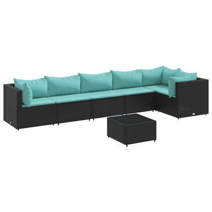 7-Delige Loungeset Met Kussens Poly Rattan 1 Zwart en blauw