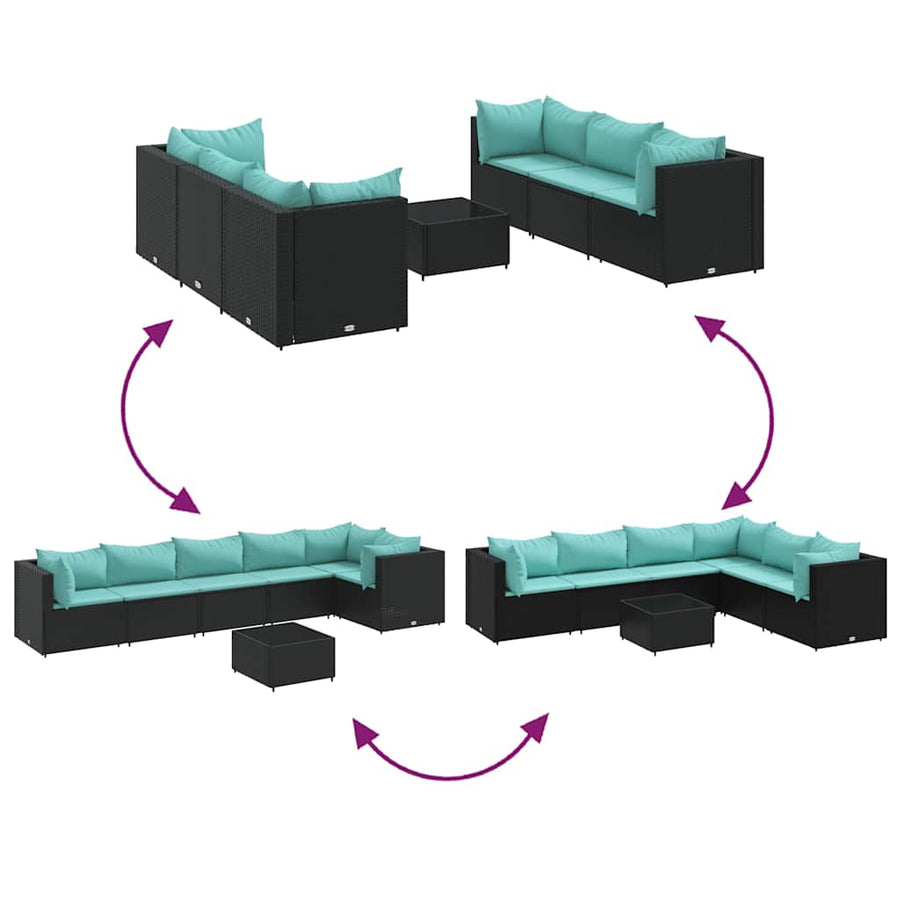 7-Delige Loungeset Met Kussens Poly Rattan 1 Zwart en blauw