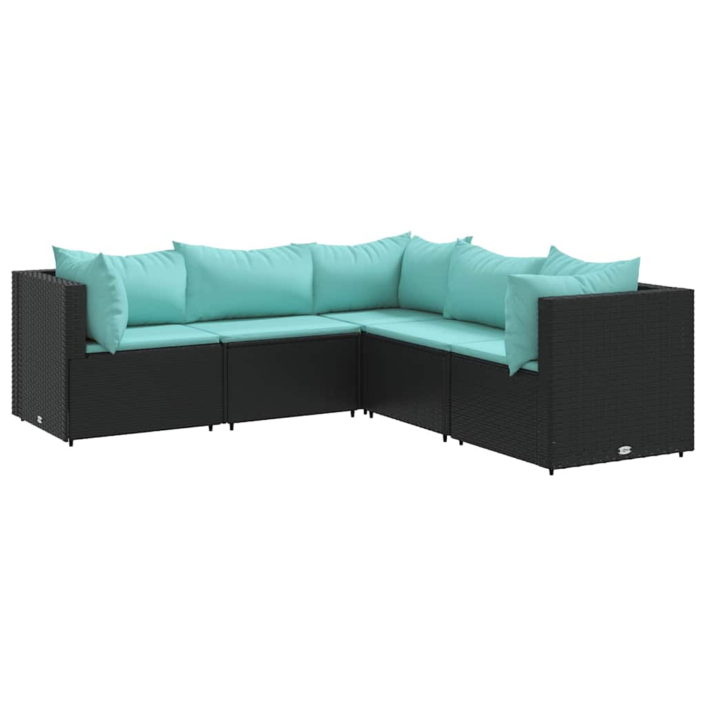 5-delige Loungeset met kussens poly rattan zwart