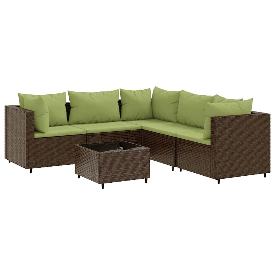 6-Delige Loungeset Met Kussens Poly Rattan 1 Bruin en groen