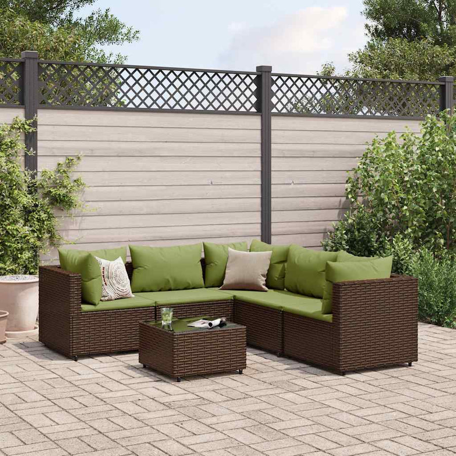 6-Delige Loungeset Met Kussens Poly Rattan 1 Bruin en groen