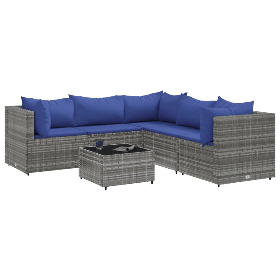 6-delige Loungeset met kussens poly rattan grijs