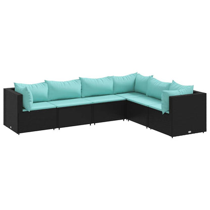6-delige Loungeset met kussens poly rattan zwart
