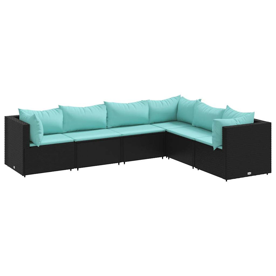 6-delige Loungeset met kussens poly rattan zwart