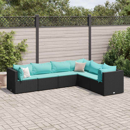 6-delige Loungeset met kussens poly rattan zwart