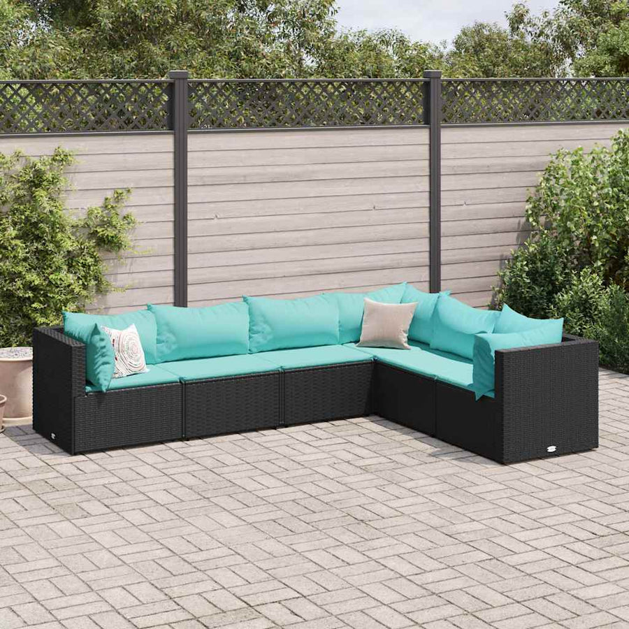6-delige Loungeset met kussens poly rattan zwart