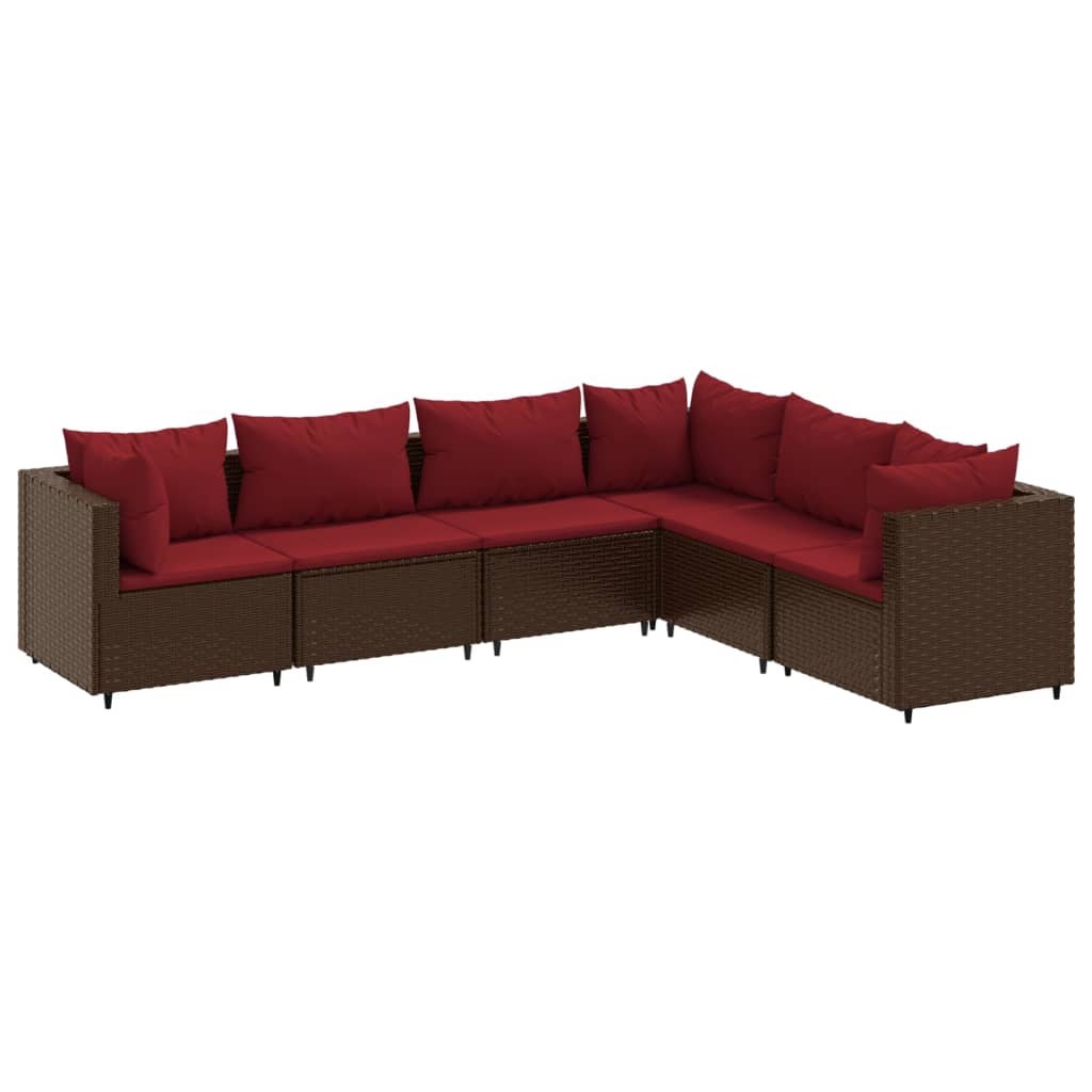 6-delige Loungeset met kussens poly rattan bruin