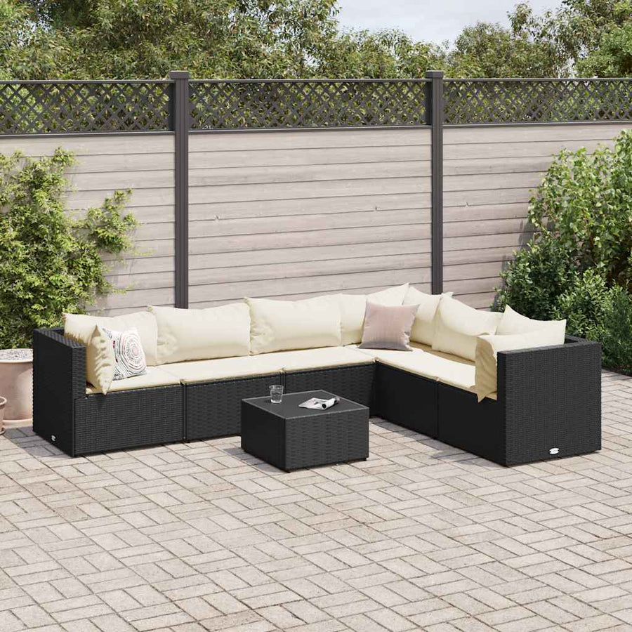 7-Delige Loungeset Met Kussens Poly Rattan 1 Zwart en crème