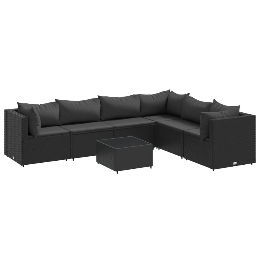 7-delige Loungeset met kussens poly rattan zwart