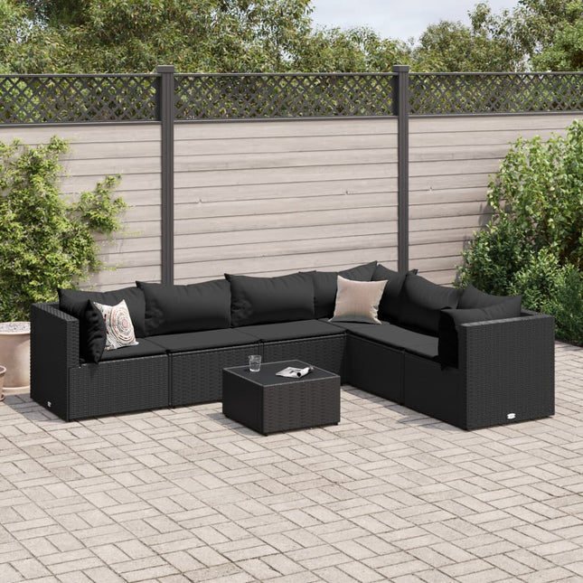 7-delige Loungeset met kussens poly rattan zwart