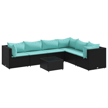 7-Delige Loungeset Met Kussens Poly Rattan 1 Zwart en blauw