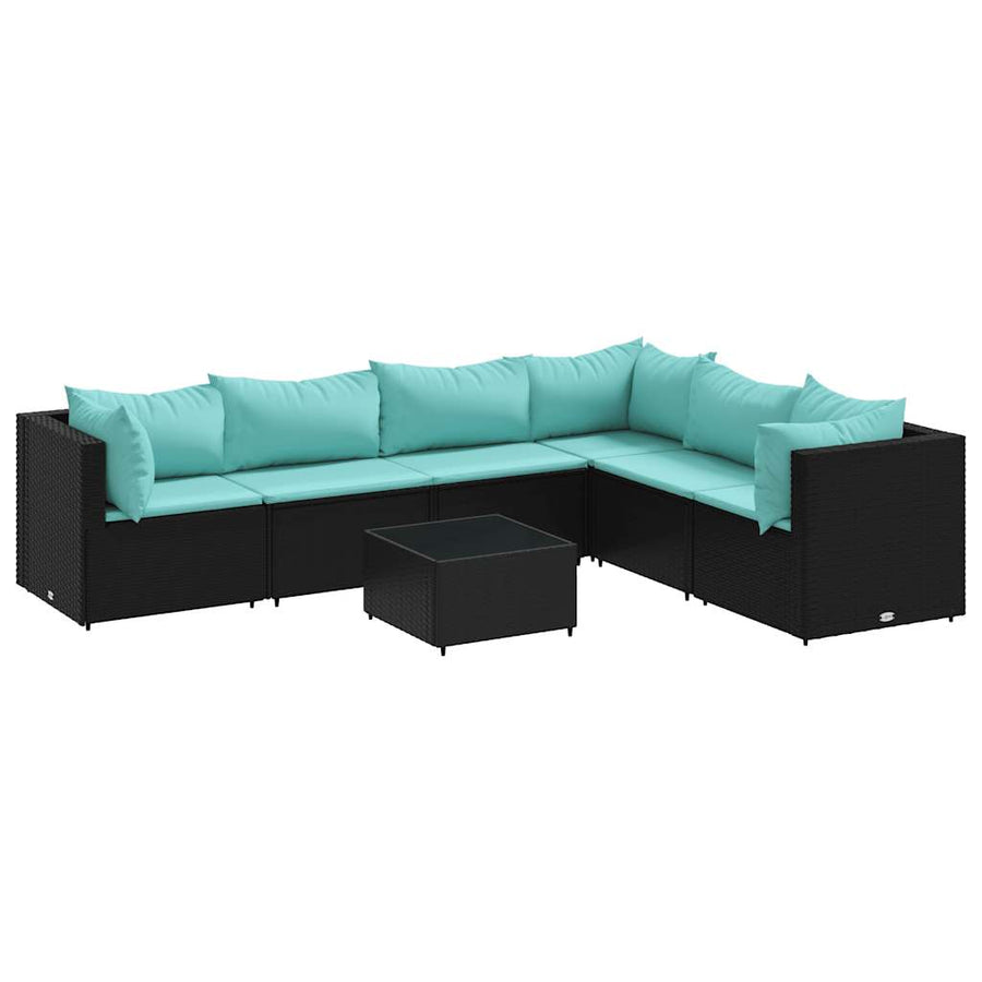 7-Delige Loungeset Met Kussens Poly Rattan 1 Zwart en blauw