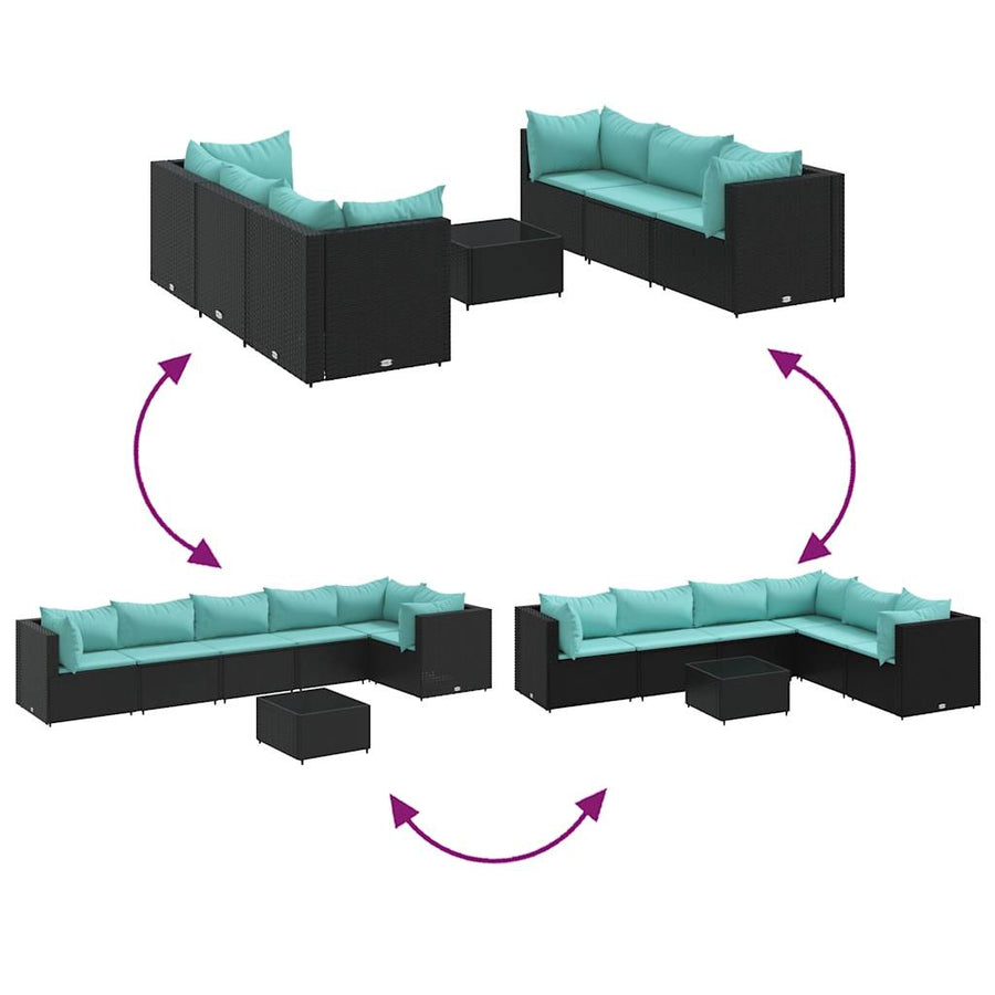 7-Delige Loungeset Met Kussens Poly Rattan 1 Zwart en blauw