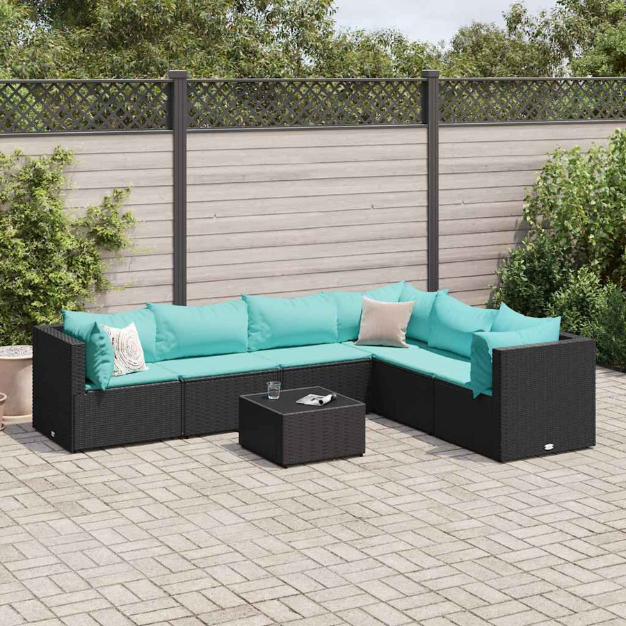 7-Delige Loungeset Met Kussens Poly Rattan 1 Zwart en blauw