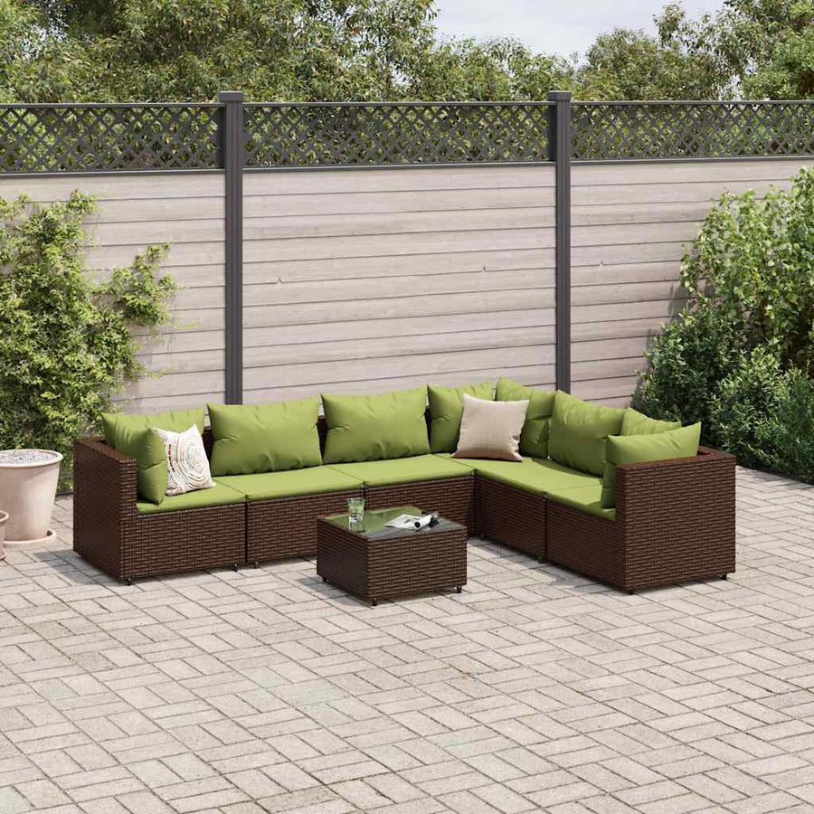 7-delige Loungeset met kussens poly rattan bruin