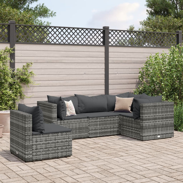 5-delige Loungeset met kussens poly rattan grijs