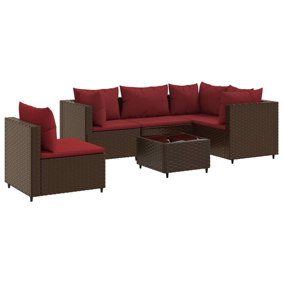 6-delige Loungeset met kussens poly rattan bruin