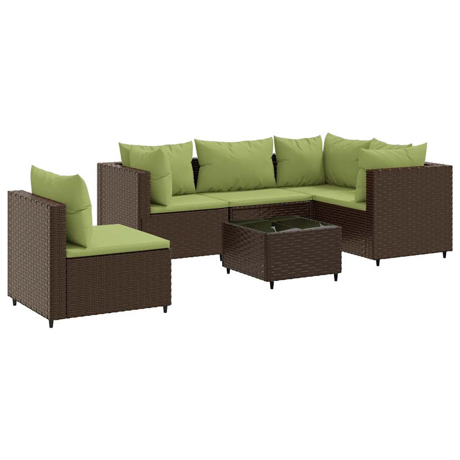 6-Delige Loungeset Met Kussens Poly Rattan 1 Bruin en groen