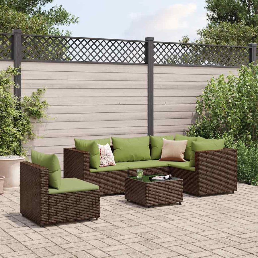 6-Delige Loungeset Met Kussens Poly Rattan 1 Bruin en groen
