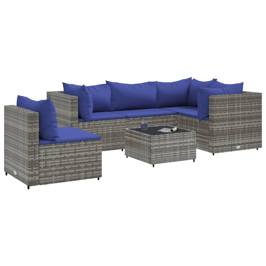 6-delige Loungeset met kussens poly rattan grijs