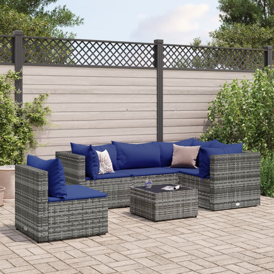6-delige Loungeset met kussens poly rattan grijs