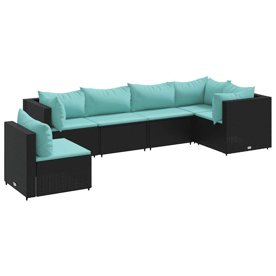 6-delige Loungeset met kussens poly rattan zwart