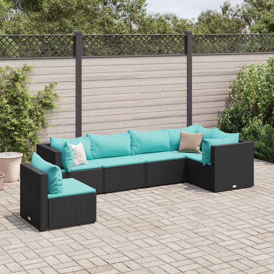 6-delige Loungeset met kussens poly rattan zwart