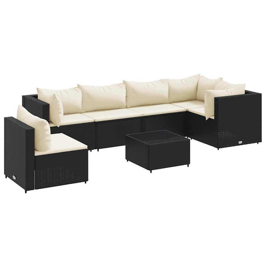 7-Delige Loungeset Met Kussens Poly Rattan 1 Zwart en crème