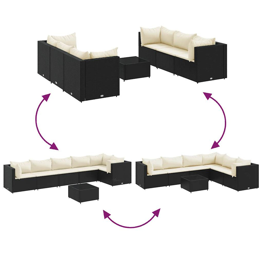 7-Delige Loungeset Met Kussens Poly Rattan 1 Zwart en crème