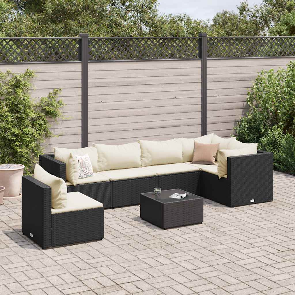 7-Delige Loungeset Met Kussens Poly Rattan 1 Zwart en crème