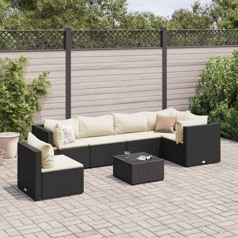 7-Delige Loungeset Met Kussens Poly Rattan 1 Zwart en crème