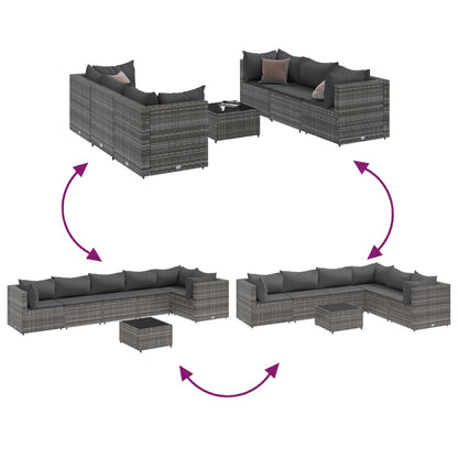 7-delige Loungeset met kussens poly rattan grijs