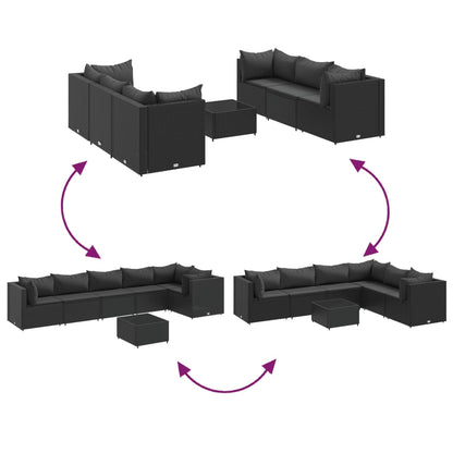 7-delige Loungeset met kussens poly rattan zwart