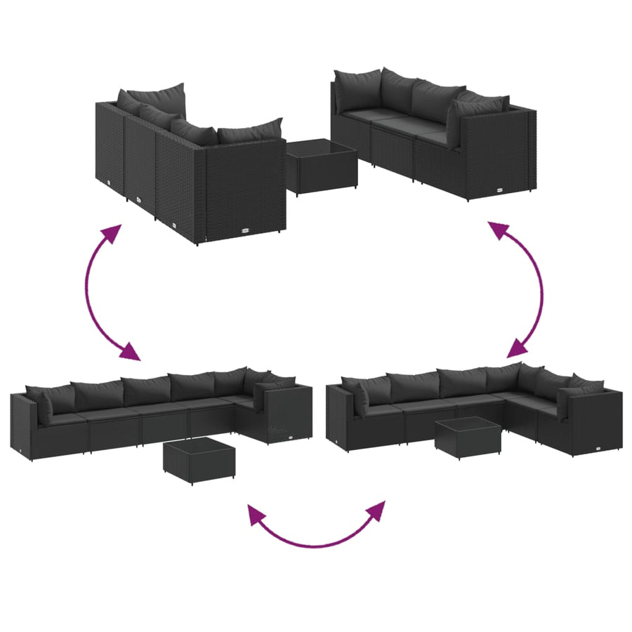7-delige Loungeset met kussens poly rattan zwart