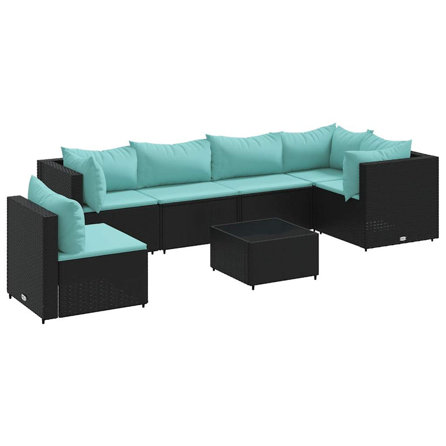 7-Delige Loungeset Met Kussens Poly Rattan 1 Zwart en blauw