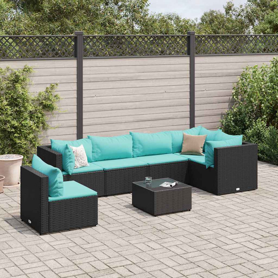 7-Delige Loungeset Met Kussens Poly Rattan 1 Zwart en blauw