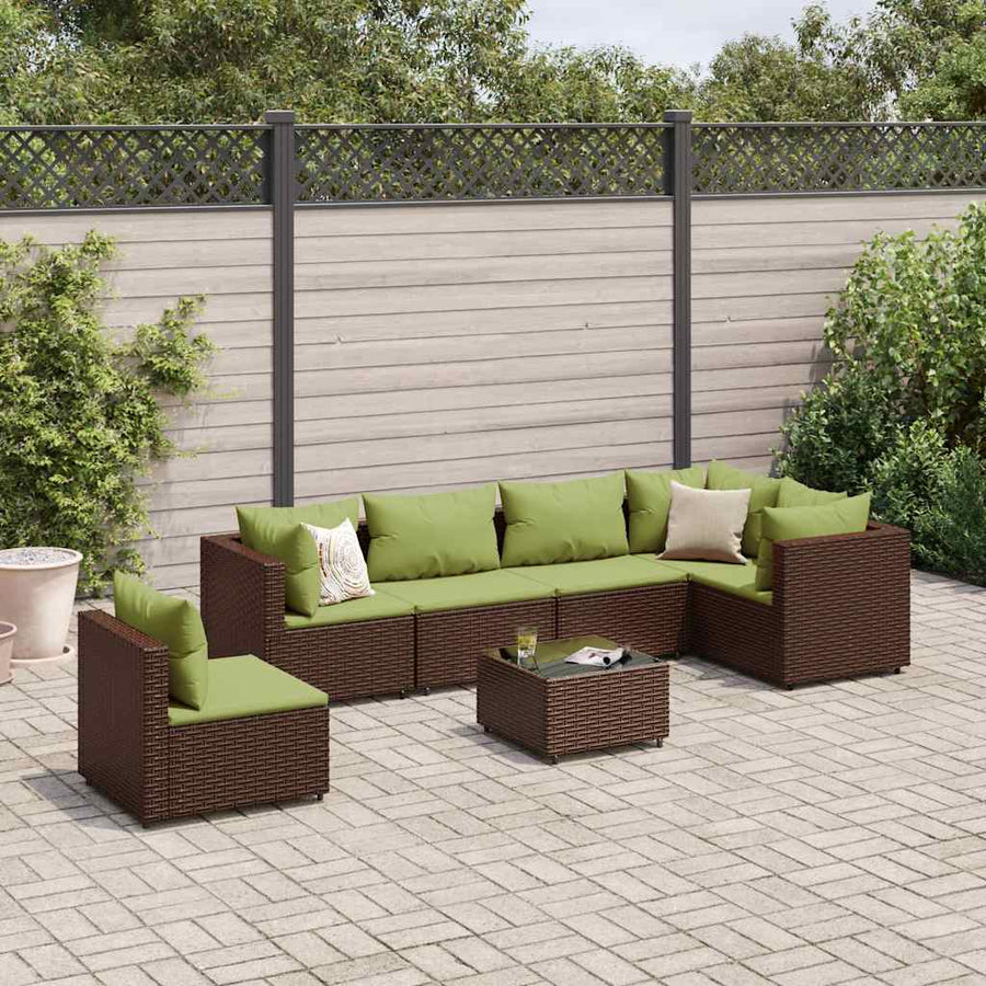 7-delige Loungeset met kussens poly rattan bruin