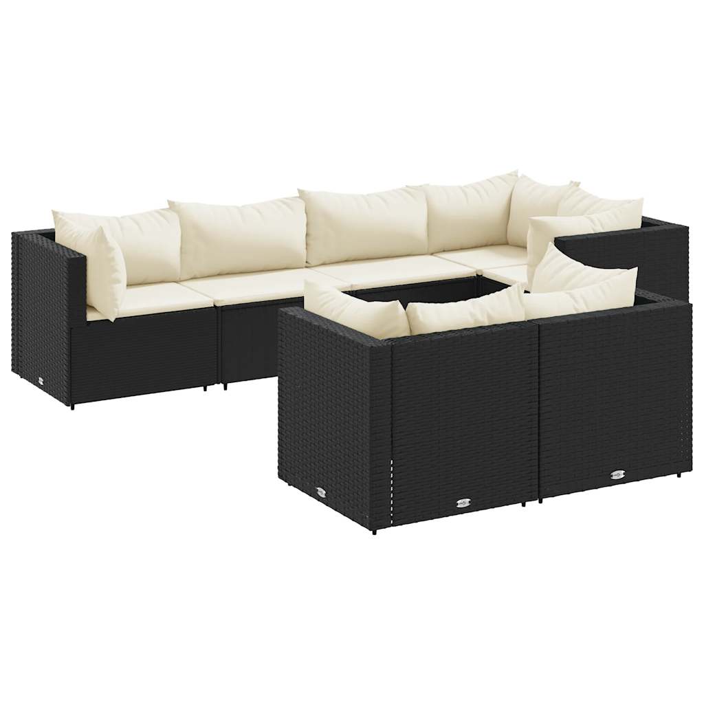 Loungeset Met Kussens Poly Rattan 7 Zwart en crème