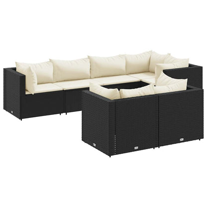 Loungeset Met Kussens Poly Rattan 7 Zwart en crème