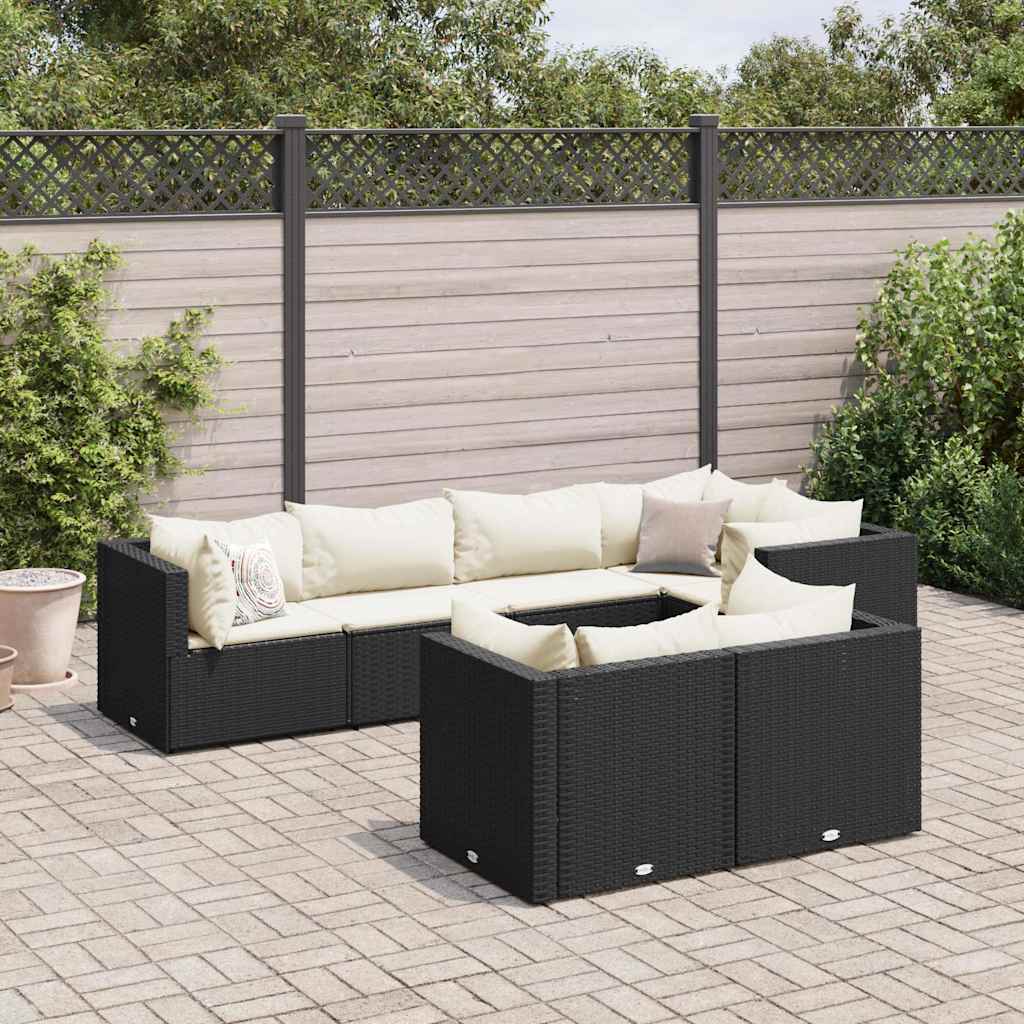 Loungeset Met Kussens Poly Rattan 7 Zwart en crème