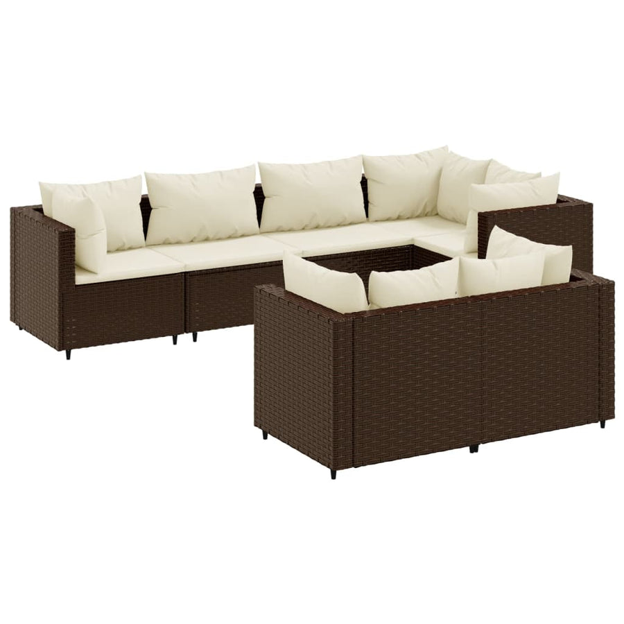 7-delige Loungeset met kussens poly rattan bruin