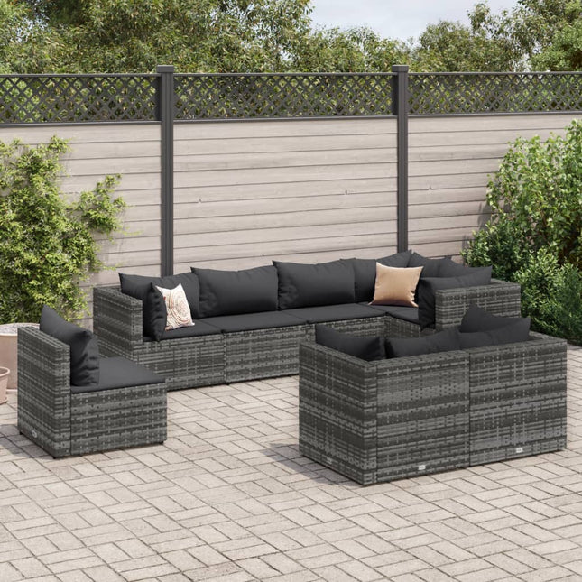 8-delige Loungeset met kussens poly rattan grijs