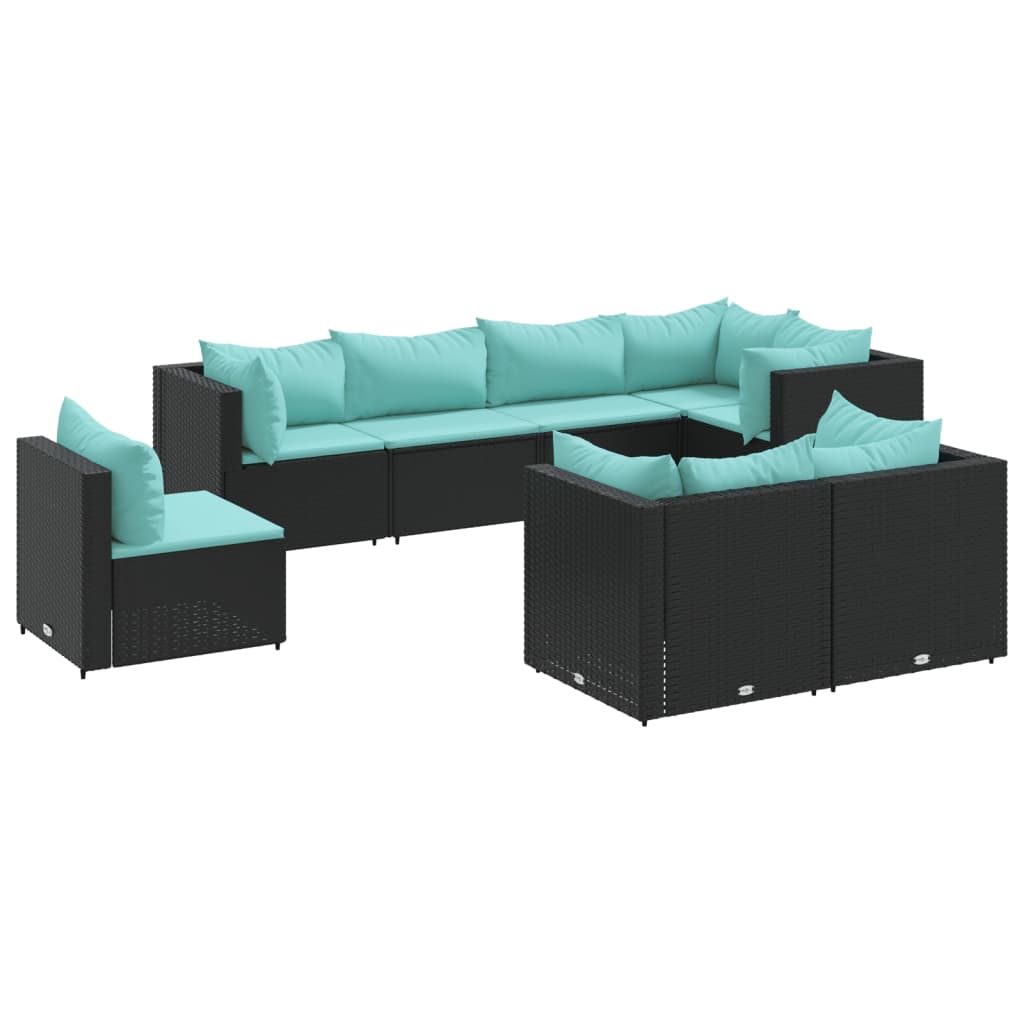 8-delige Loungeset met kussens poly rattan zwart