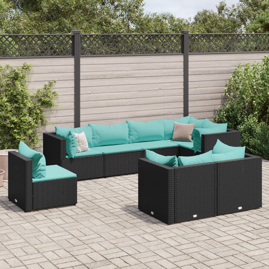 8-delige Loungeset met kussens poly rattan zwart