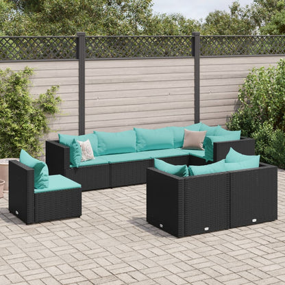 8-delige Loungeset met kussens poly rattan zwart