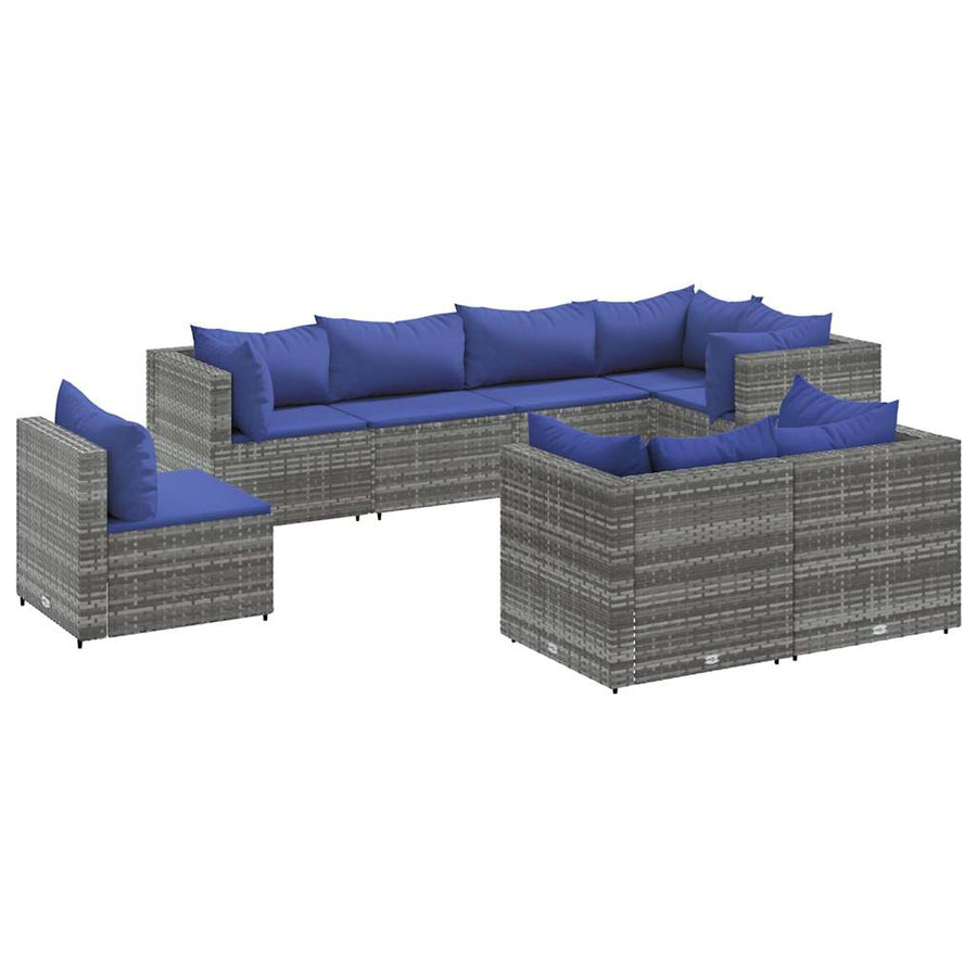 8-delige Loungeset met kussens poly rattan grijs