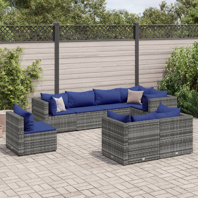 8-delige Loungeset met kussens poly rattan grijs