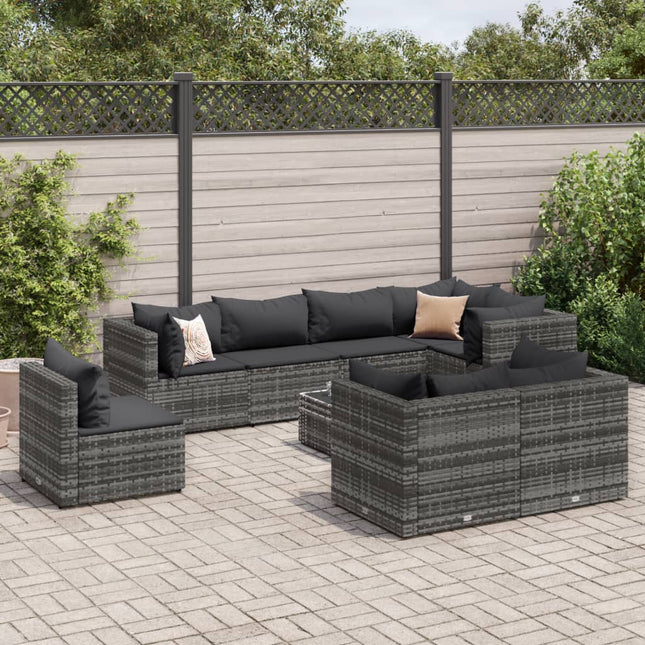 9-delige Loungeset met kussens poly rattan grijs